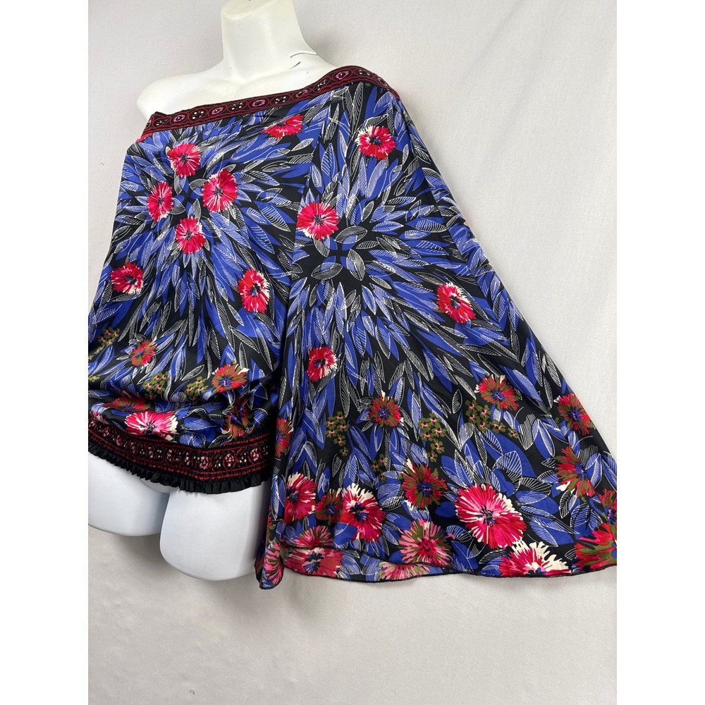 Ice One Shoulder Blouse Women XL Blue Pink Floral Butterfly Sleeve Smocked Hem - Picture 2 of 11